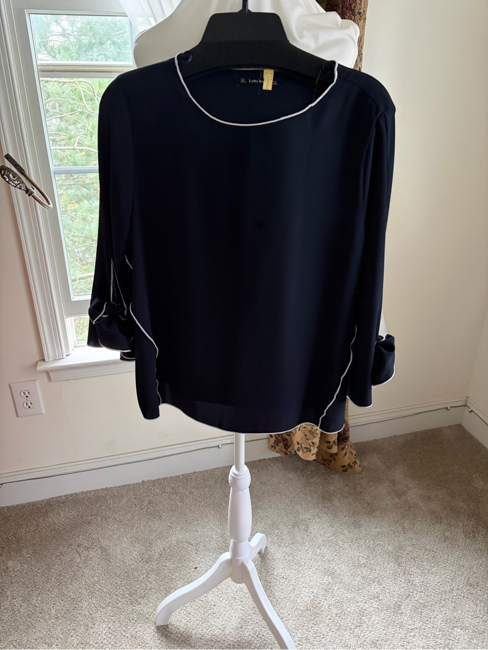 Zara Navy Blouse with White Piping Trim